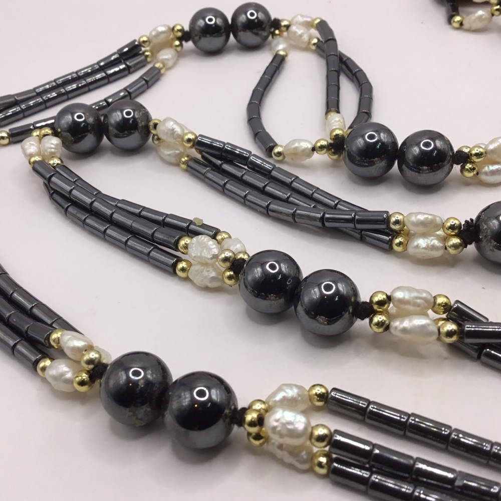 Boho Hematite Beaded Necklace with Pearls Gold Spacers 32" long